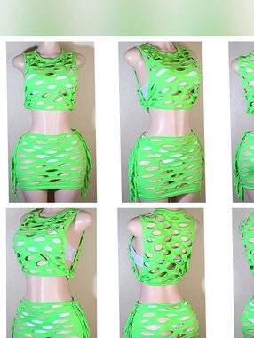 Neon  Custom  Cutout Fringe Two-Piece Tshirt  Crop Top & Mini Skirt Set